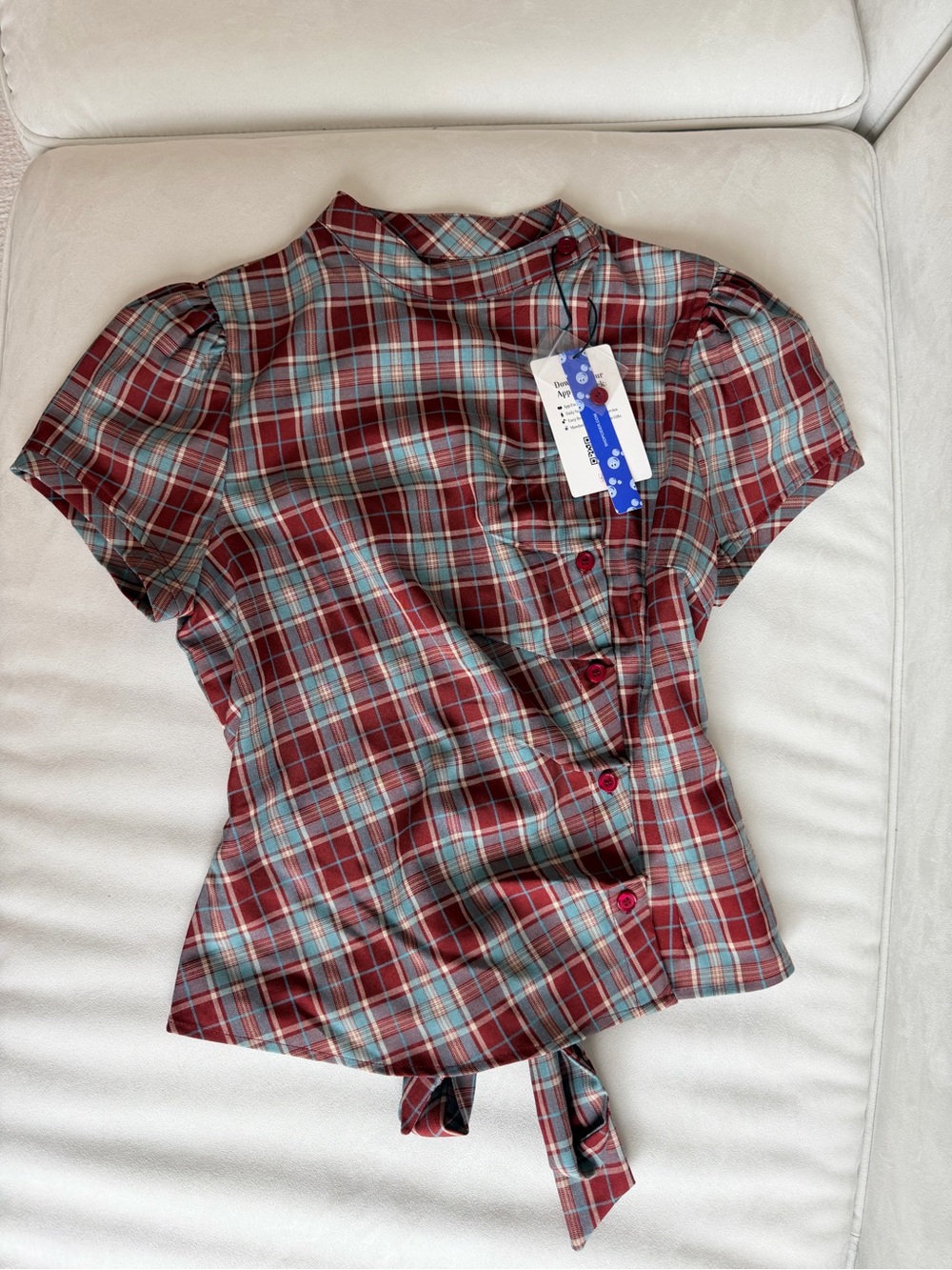 Cider - most Stylish Plaid Short-Sleeve Button Front Top in Red